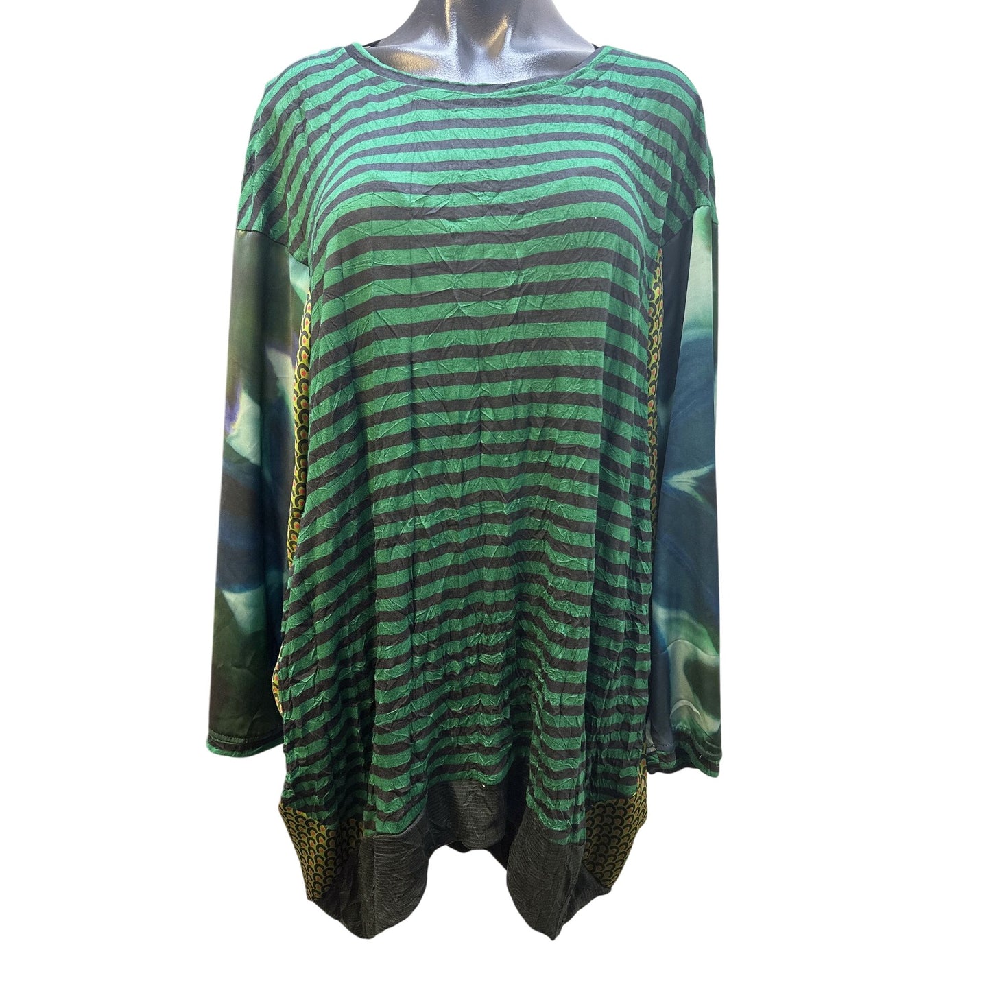 Alembika Green & Black Striped Tunic Top w/Print Sleeves Size L