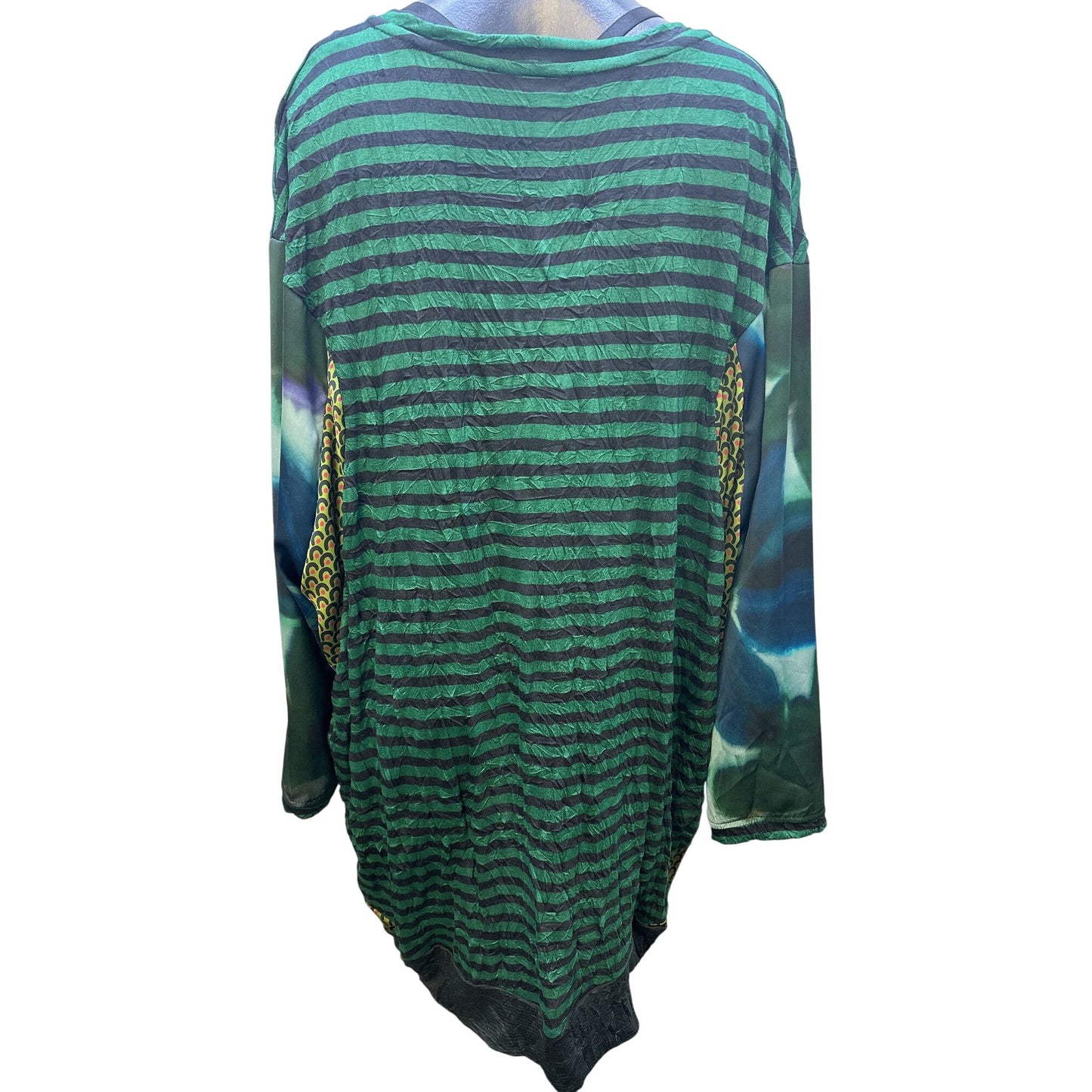 Alembika Green & Black Striped Tunic Top w/Print Sleeves Size L