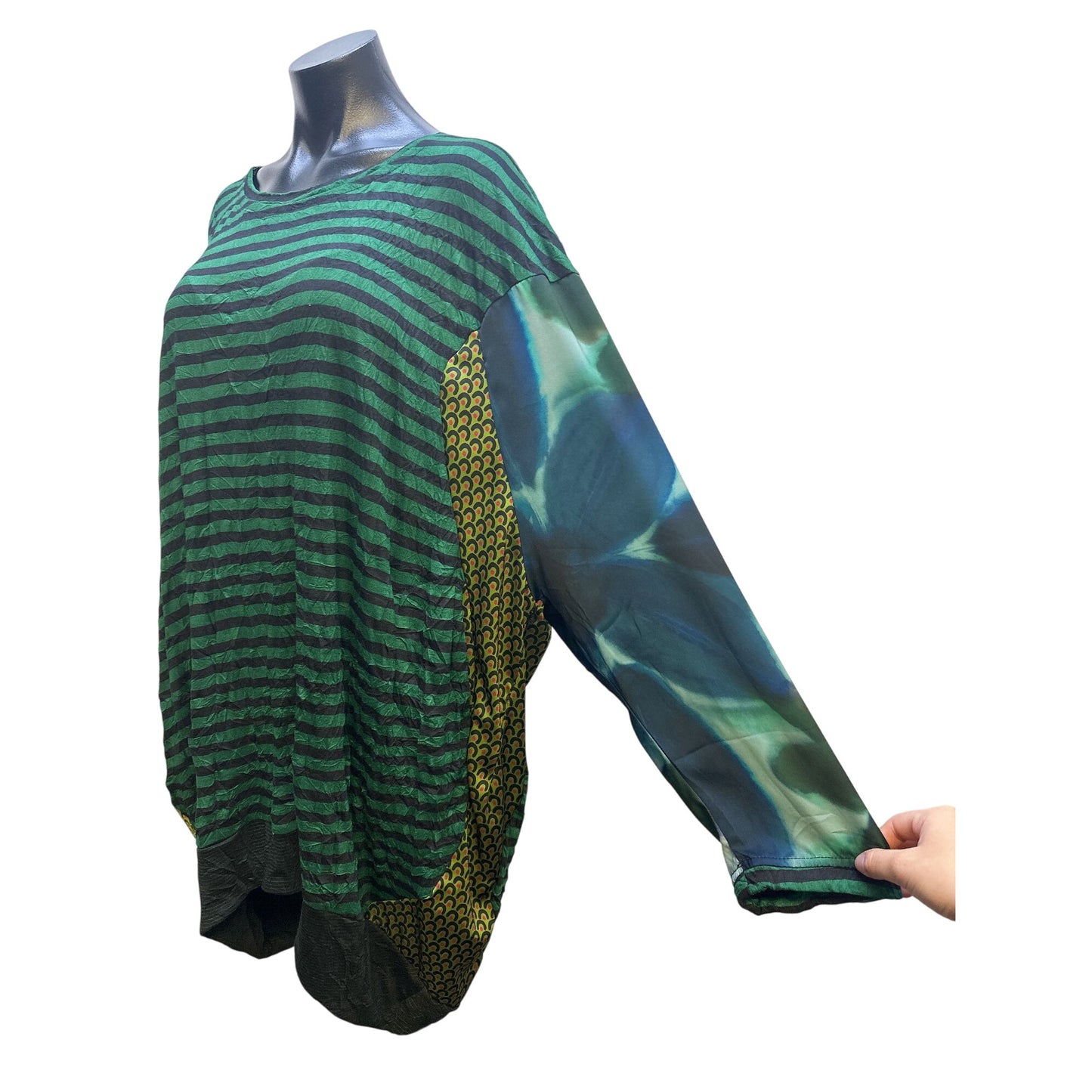 Alembika Green & Black Striped Tunic Top w/Print Sleeves Size L