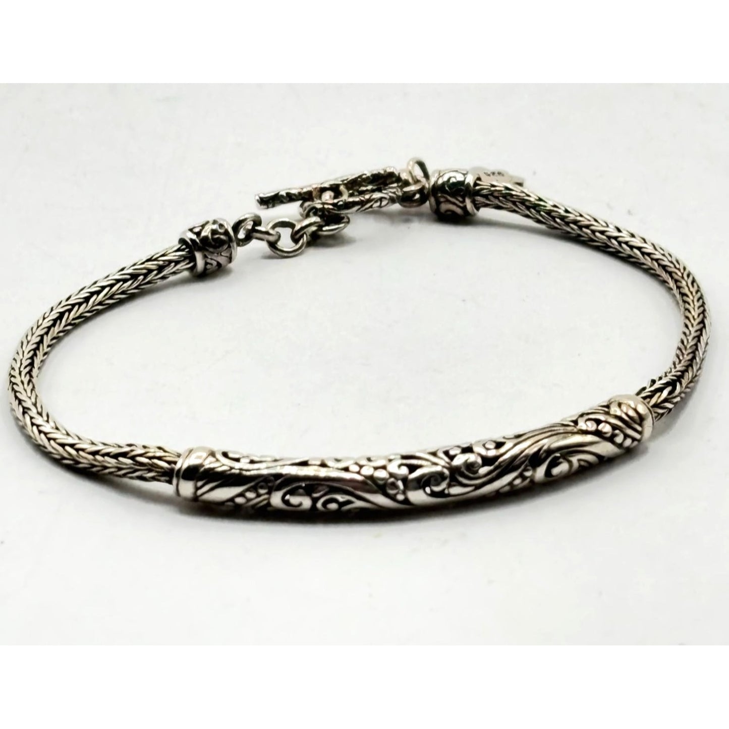 Sterling Silver 925 Balinese Style Bracelet With Toggle Clasp For Women