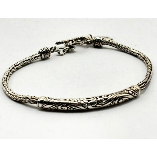 Sterling Silver 925 Balinese Style Bracelet With Toggle Clasp For Women
