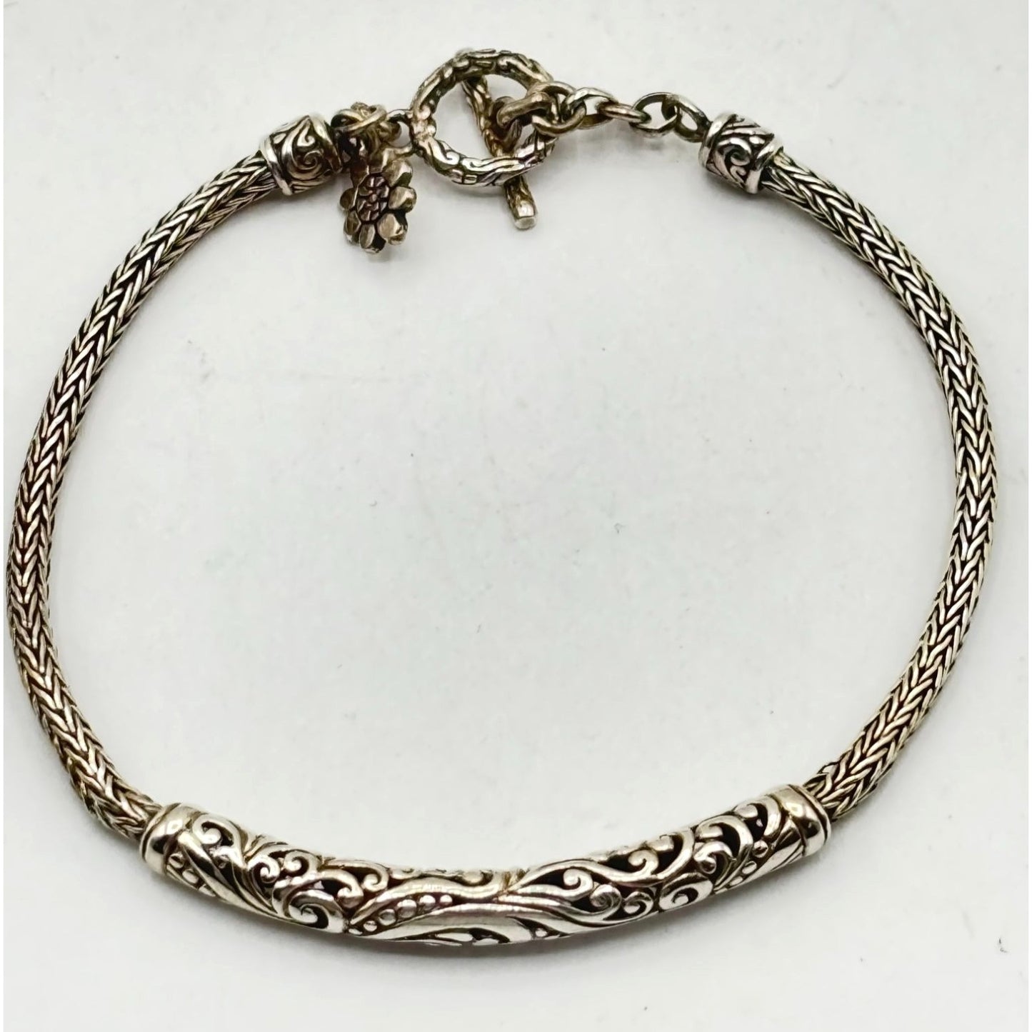 Sterling Silver 925 Balinese Style Bracelet With Toggle Clasp For Women