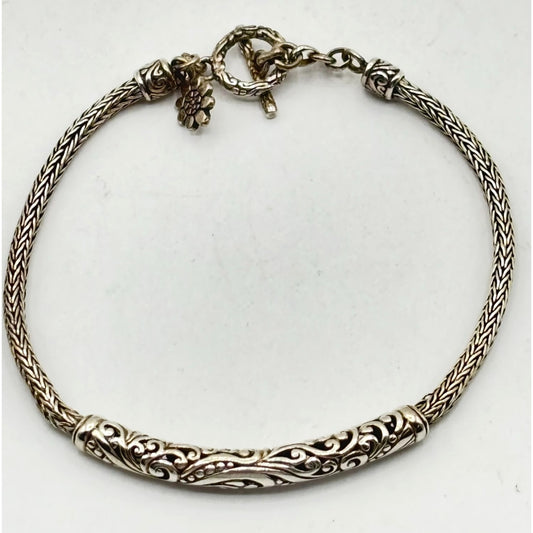 Sterling Silver 925 Balinese Style Bracelet With Toggle Clasp For Women