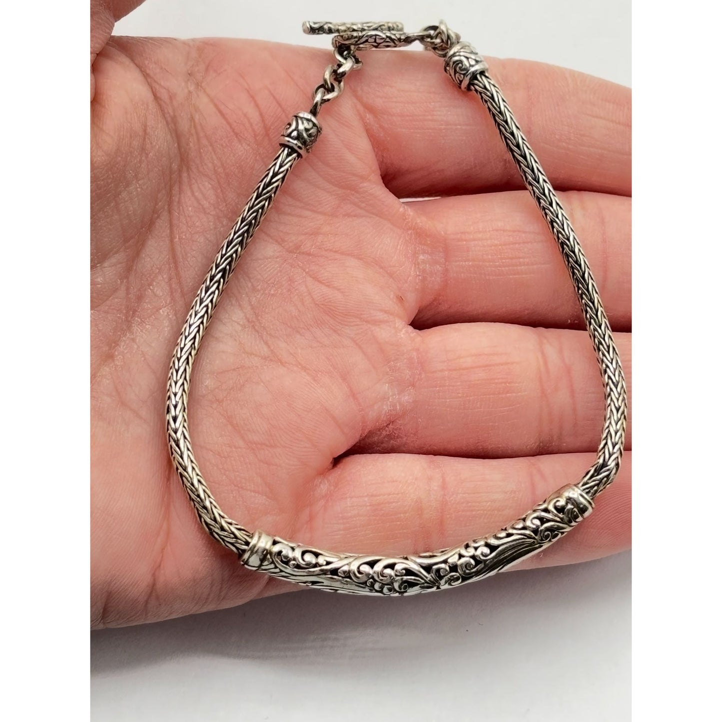 Sterling Silver 925 Balinese Style Bracelet With Toggle Clasp For Women