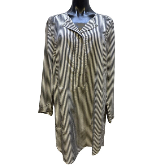 Oska Gray & White Vertical Striped Long Sleeve Tunic Blouse Top Size M