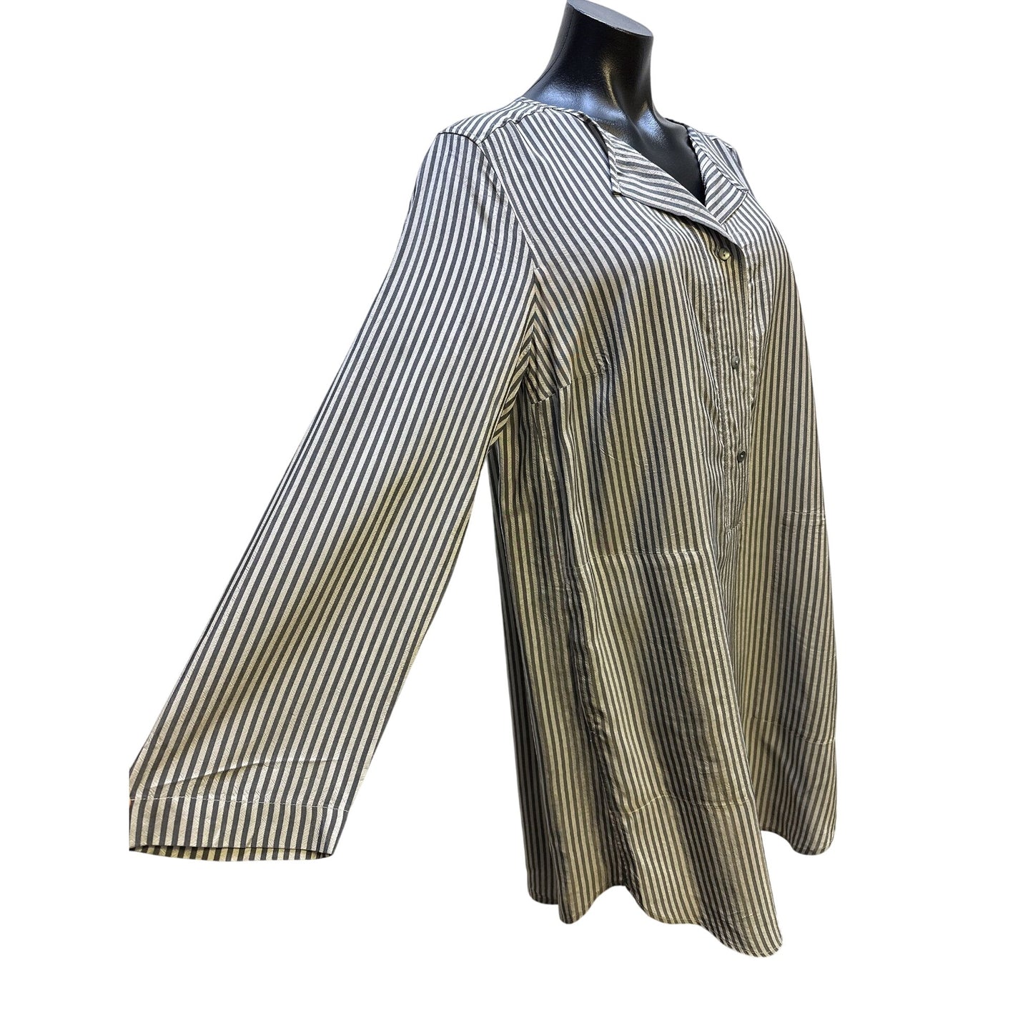 Oska Gray & White Vertical Striped Long Sleeve Tunic Blouse Top Size M