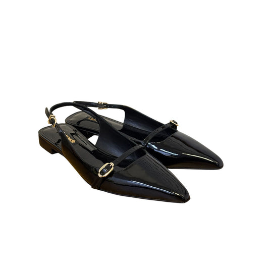 Black Larroude Patent Leather Pointed Toe Slingback Flats With Gold Buckles