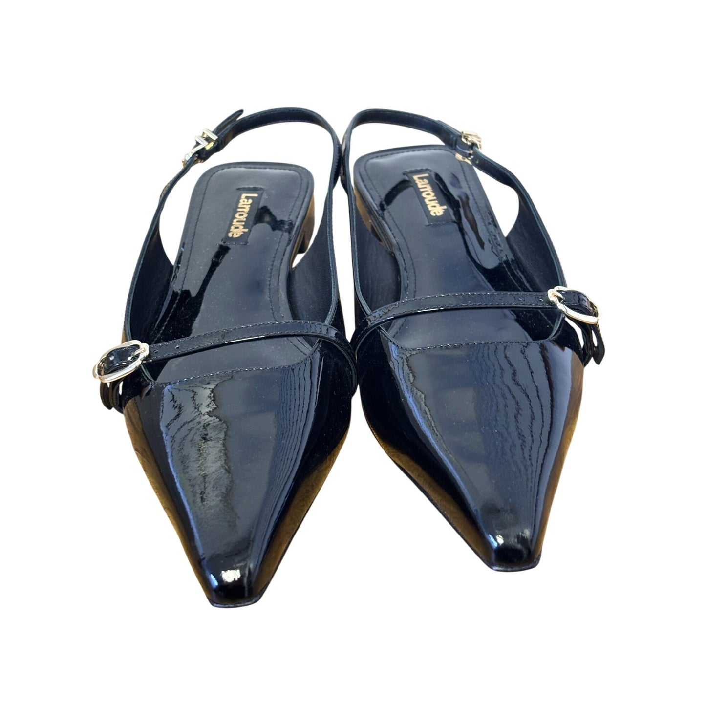 Black Larroude Patent Leather Pointed Toe Slingback Flats With Gold Buckles