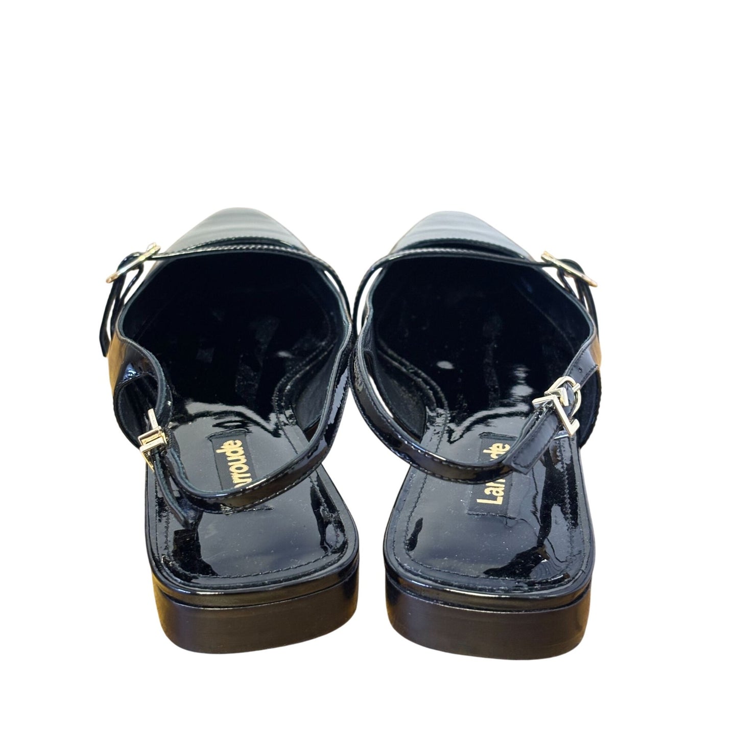 Black Larroude Patent Leather Pointed Toe Slingback Flats With Gold Buckles