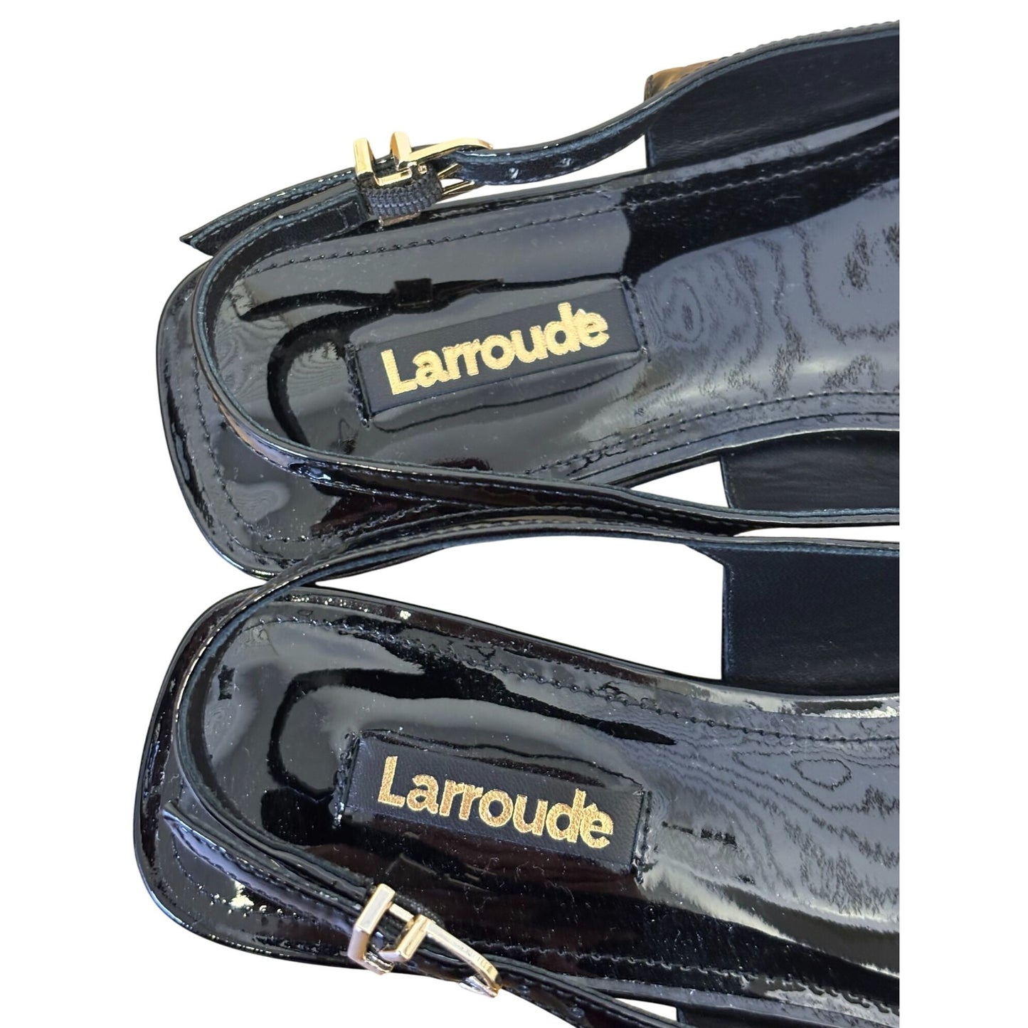 Black Larroude Patent Leather Pointed Toe Slingback Flats With Gold Buckles