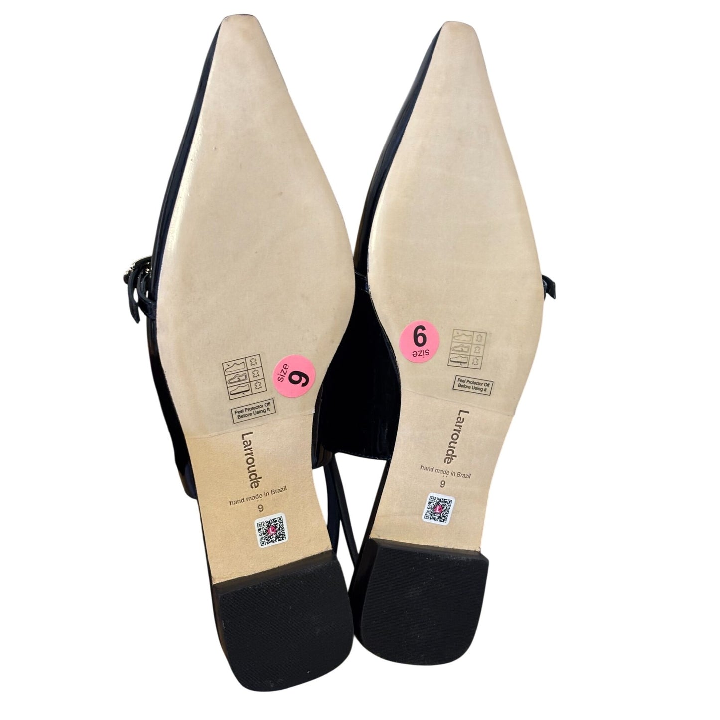 Black Larroude Patent Leather Pointed Toe Slingback Flats With Gold Buckles