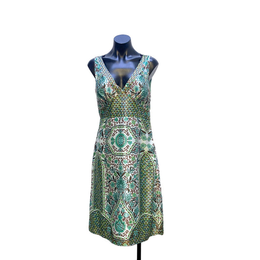 Nicole By Nicole Miller Women's Silk Dress 8 Green/Blue Floral Print Sleeveless V-Neck