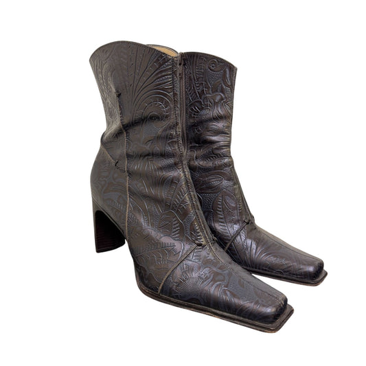 Antonio Melani Blue Embossed Leather Heeled Ankle Boots Size 8