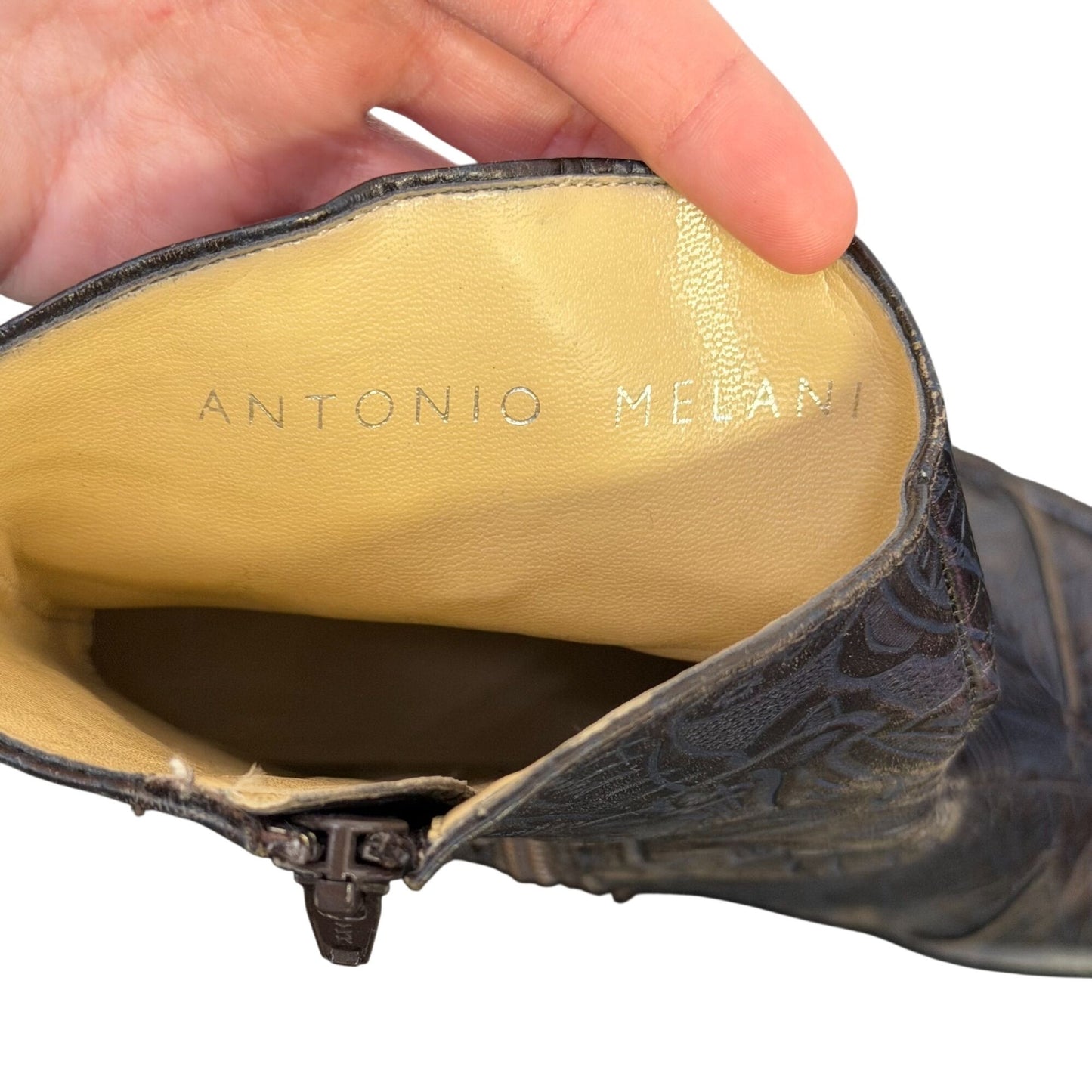 Antonio Melani Blue Embossed Leather Heeled Ankle Boots Size 8