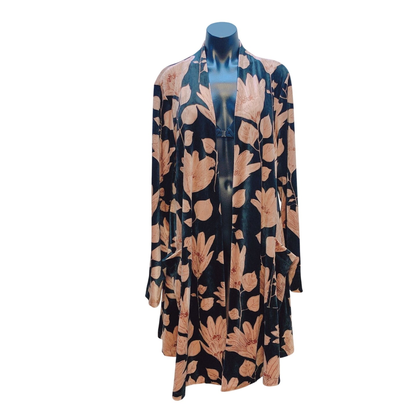 Alembika  Black & Tan Velvet Floral Print Kimono Jacket With Pockets Size 2XL