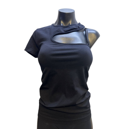 Helmut Lang Asymmetrical Black Cutout Short Sleeve Top Size M/L