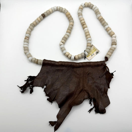 Cheryl Dufault Vintage Glass Beaded Necklace With Hand-Torn Leather Accent