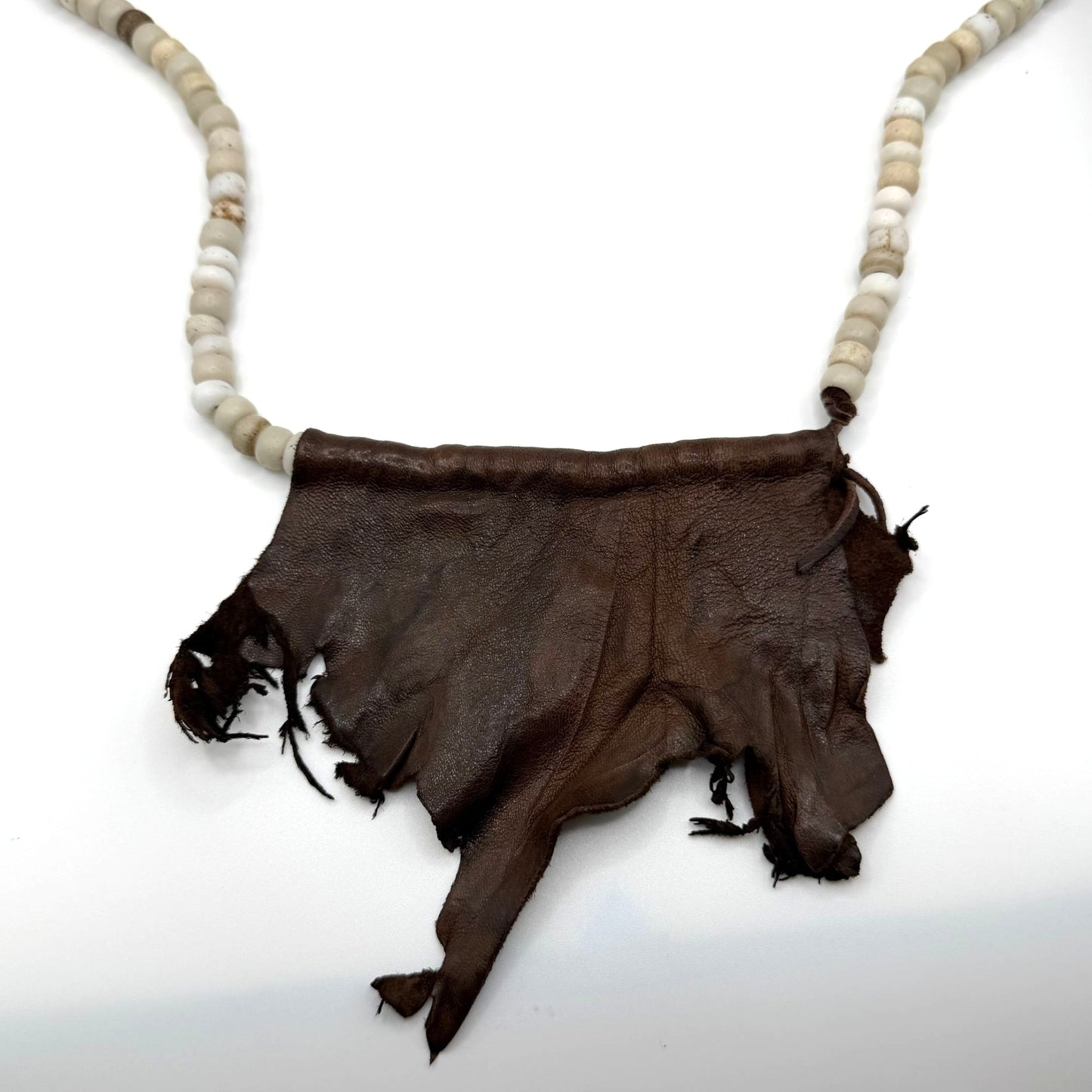 Cheryl Dufault Vintage Glass Beaded Necklace With Hand-Torn Leather Accent