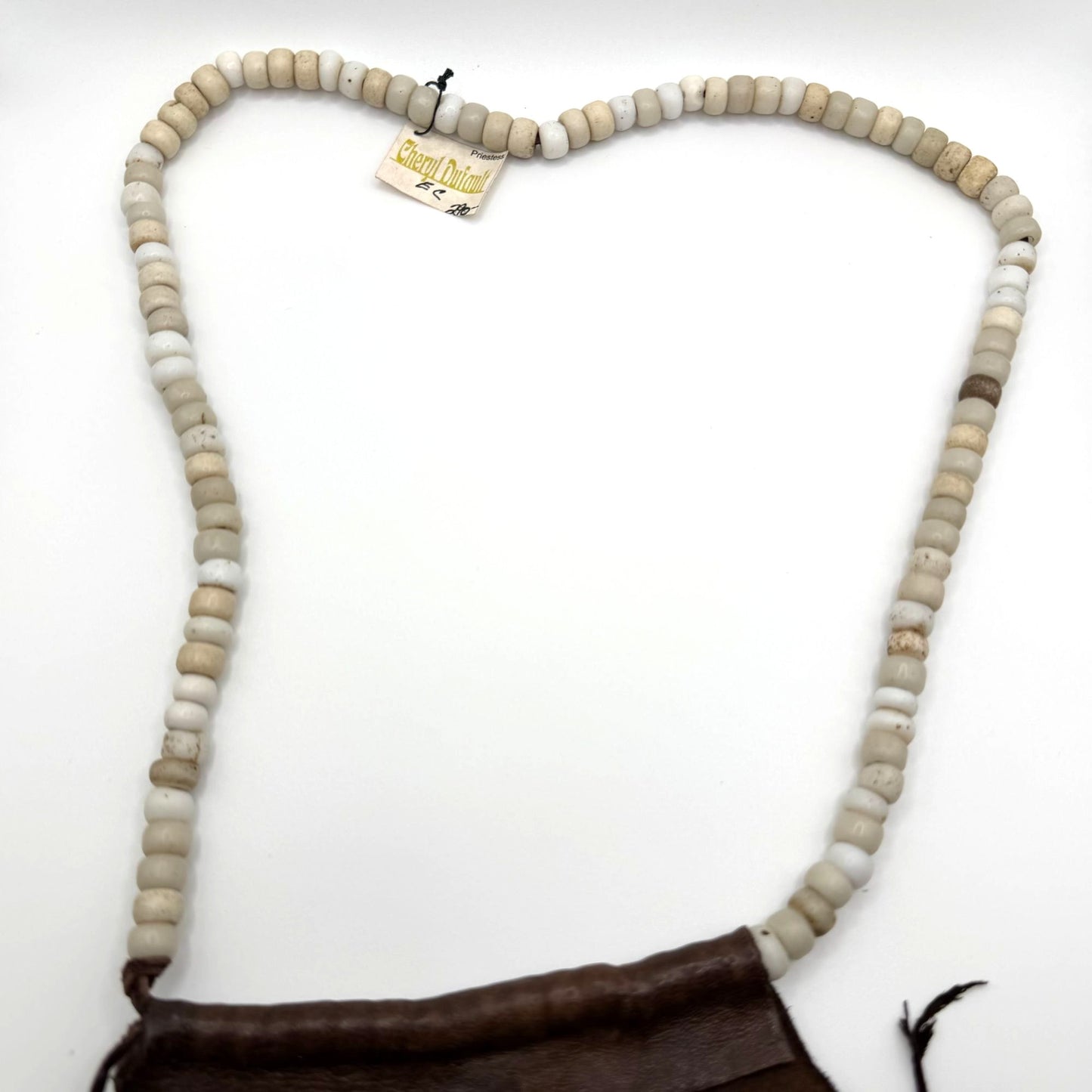 Cheryl Dufault Vintage Glass Beaded Necklace With Hand-Torn Leather Accent