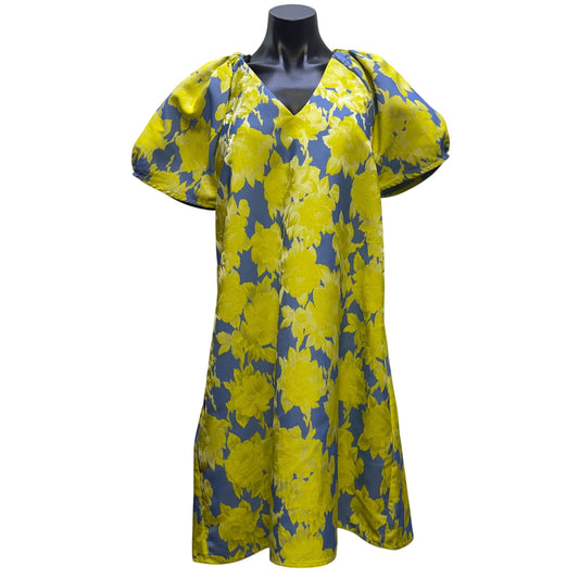 Abbey Glass Floral Dress Blue/Yellow V-Neck Puff Sleeve M