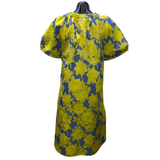 Abbey Glass Floral Dress Blue/Yellow V-Neck Puff Sleeve M