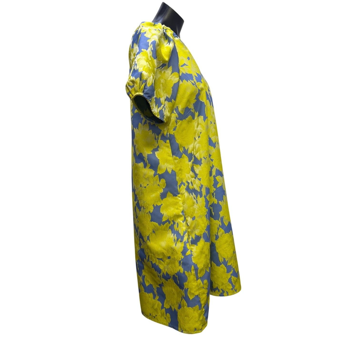 Abbey Glass Floral Dress Blue/Yellow V-Neck Puff Sleeve M