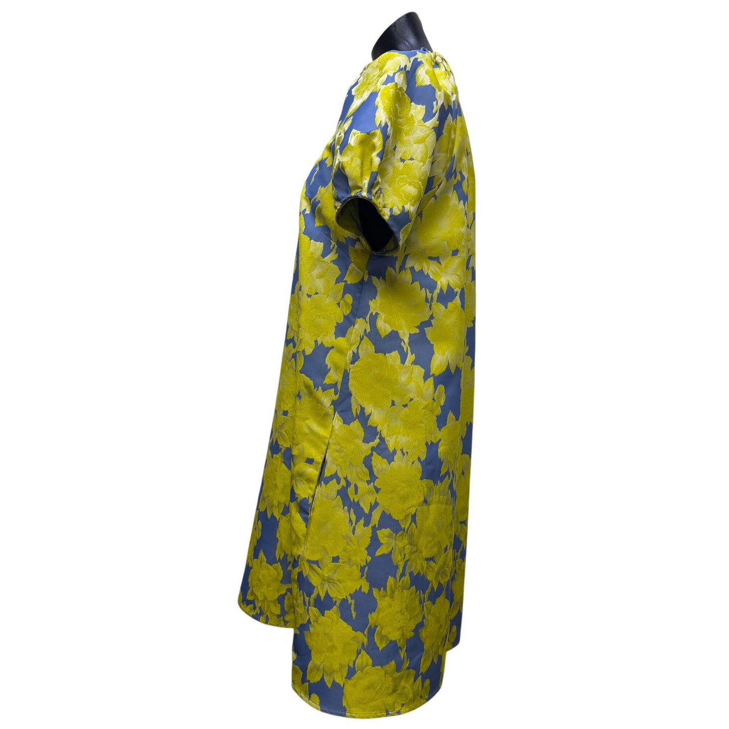 Abbey Glass Floral Dress Blue/Yellow V-Neck Puff Sleeve M