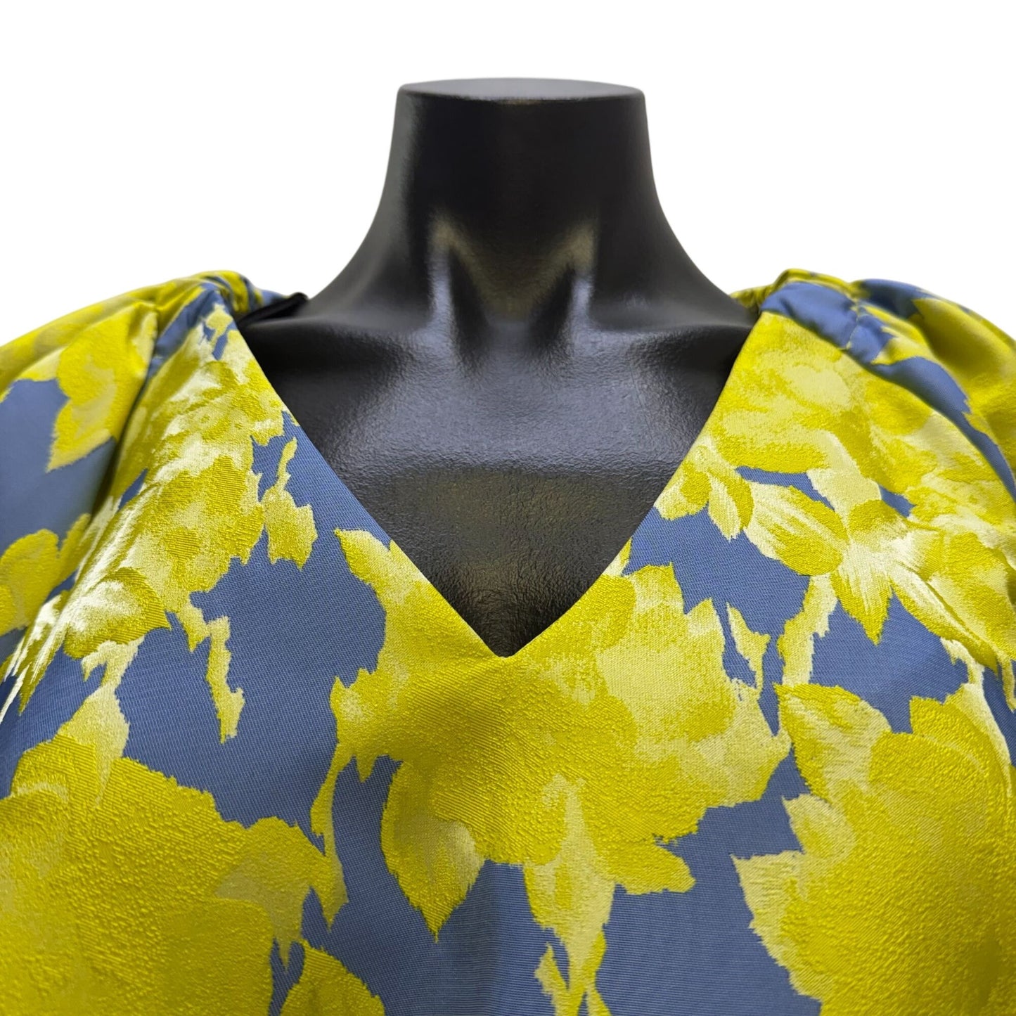 Abbey Glass Floral Dress Blue/Yellow V-Neck Puff Sleeve M