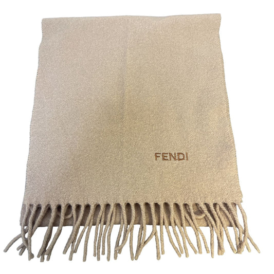 Fendi Camel Wool Fringed Scarf Fendi Logo Embroidered