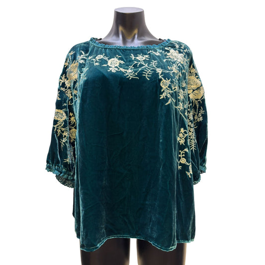 NWT Sundance Velvet Embroidered Green Top PXL Blouse 3/4 Sleeves