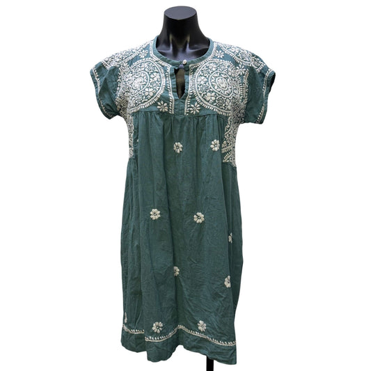 Dolma Embroidered Teal Cotton Dress With White Floral Design M