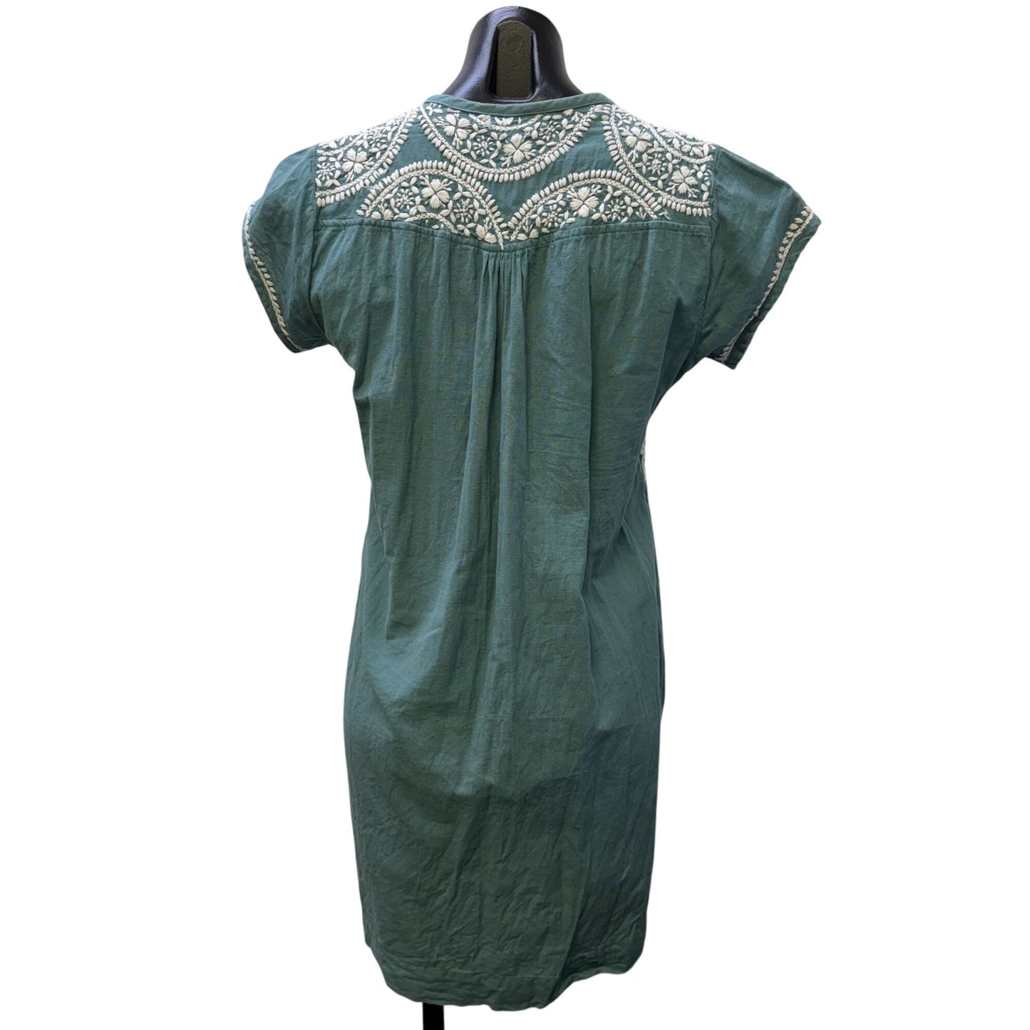 Dolma Embroidered Teal Cotton Dress With White Floral Design M