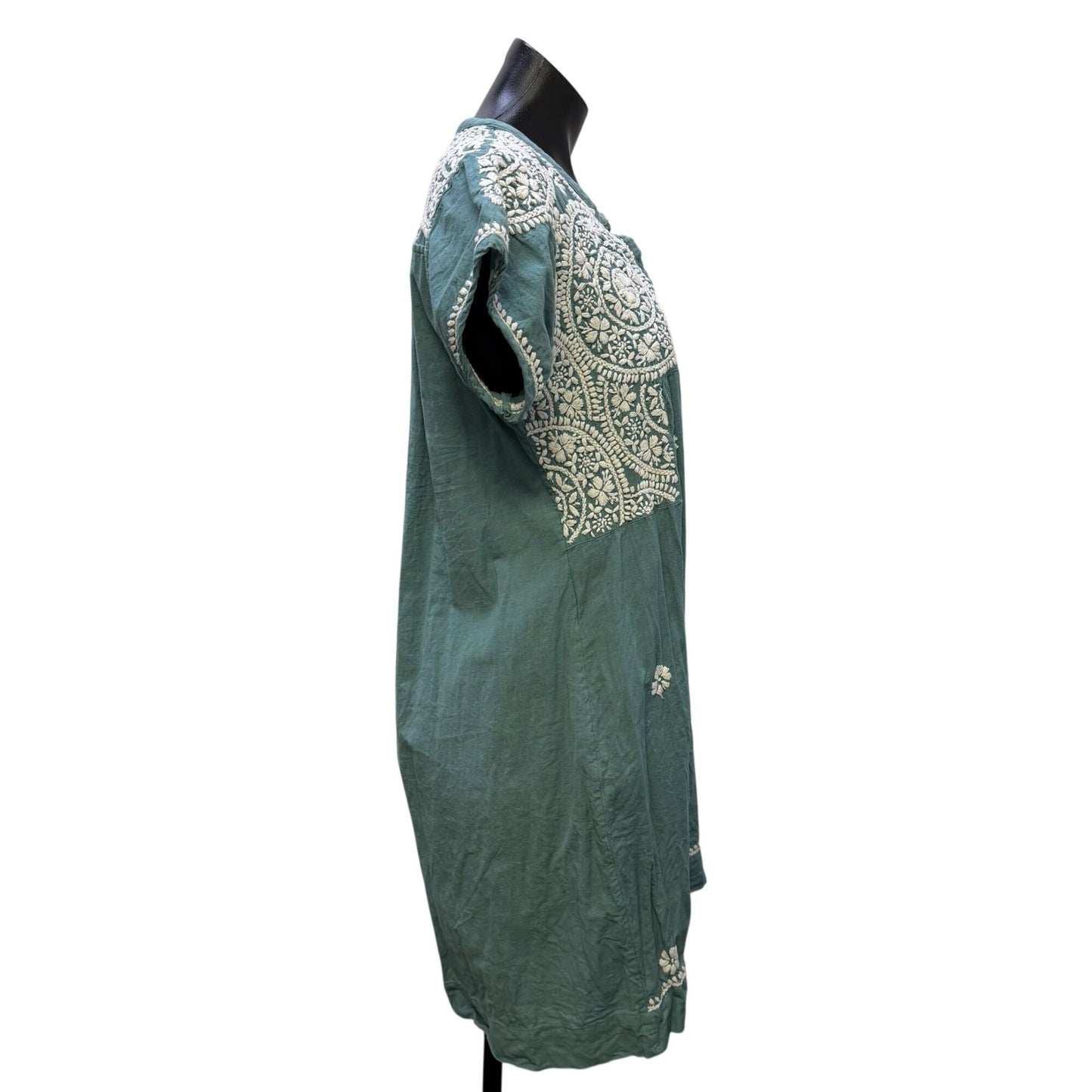 Dolma Embroidered Teal Cotton Dress With White Floral Design M