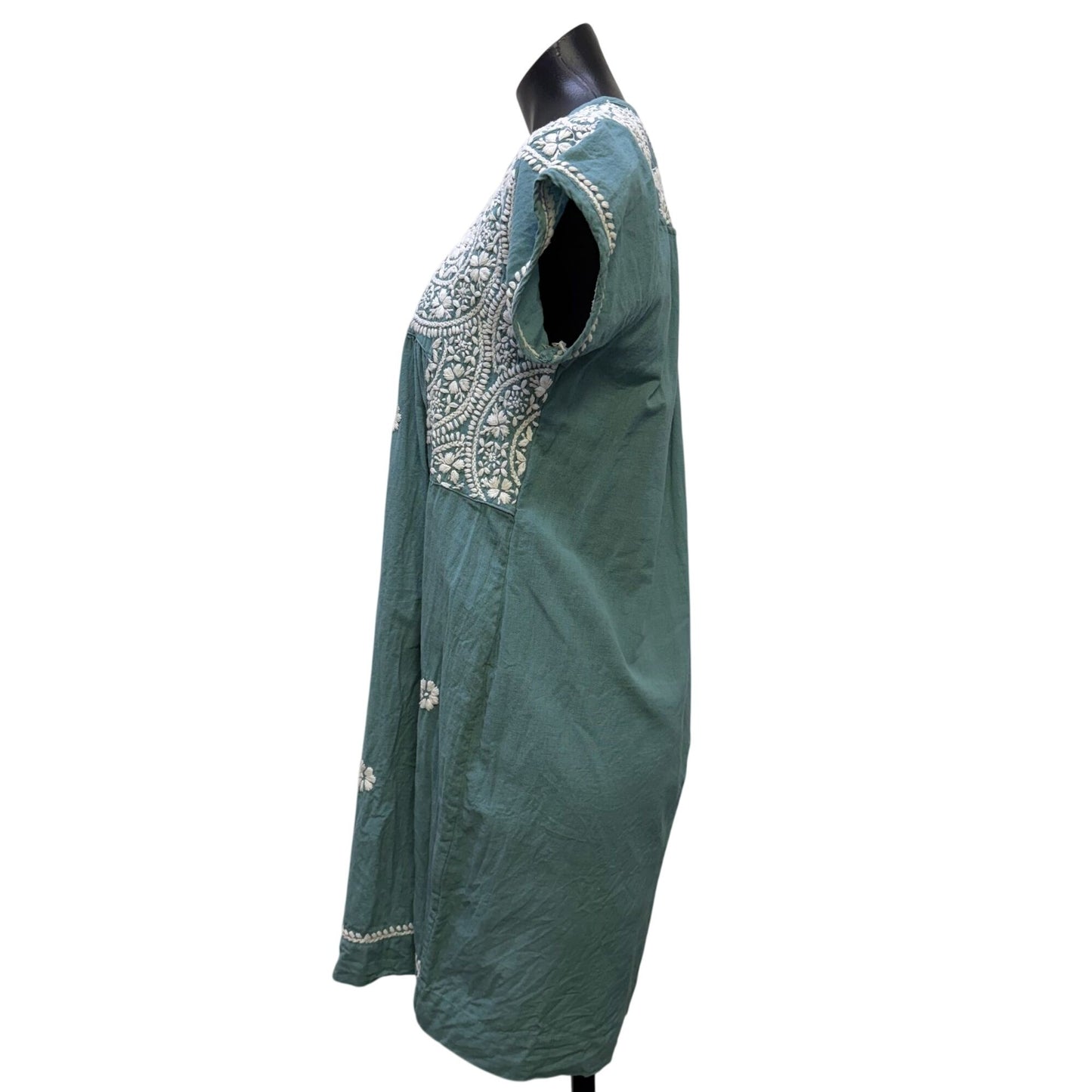 Dolma Embroidered Teal Cotton Dress With White Floral Design M