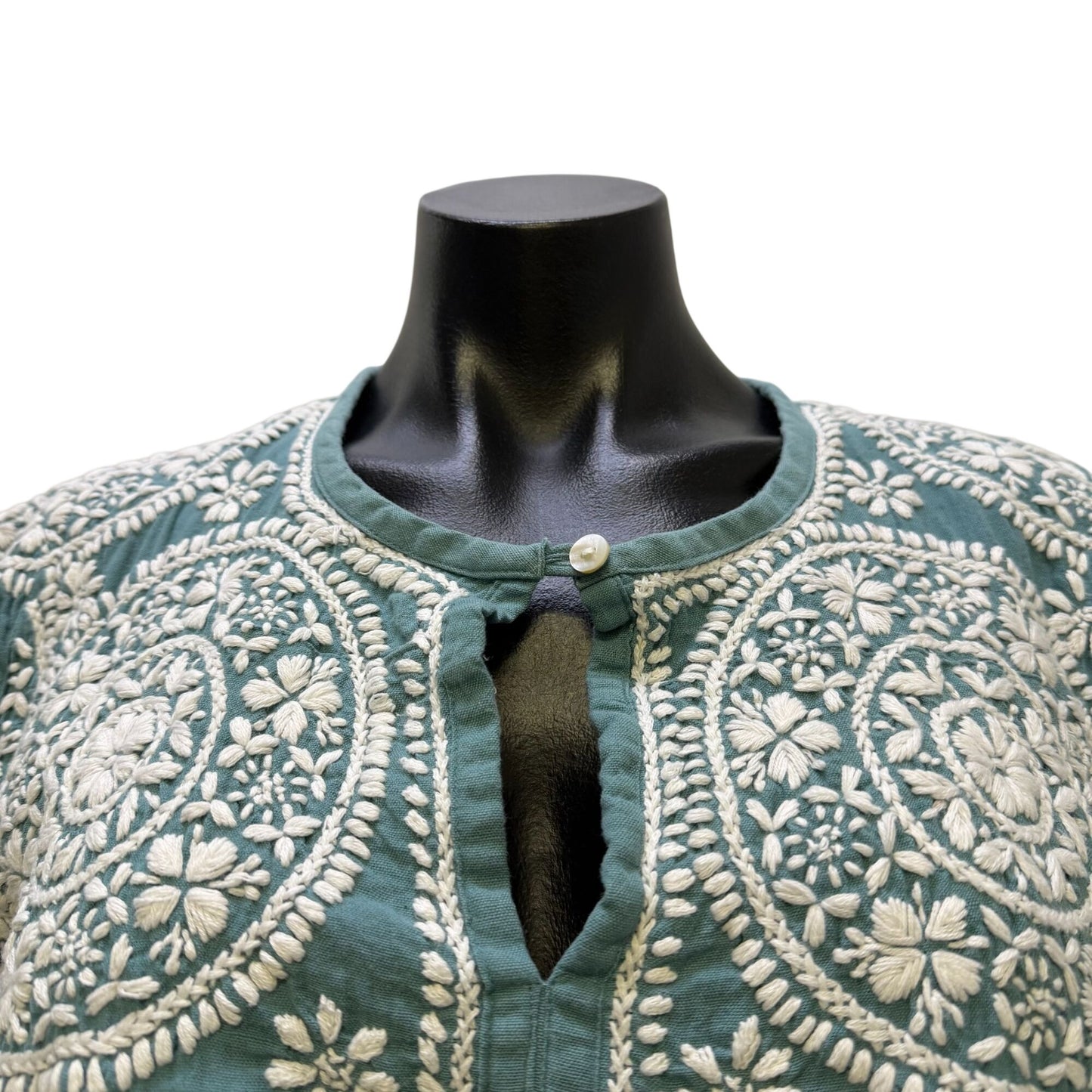 Dolma Embroidered Teal Cotton Dress With White Floral Design M