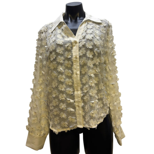 NWT Adrianna Papell Ivory Floral 3D Button-Up Blouse L