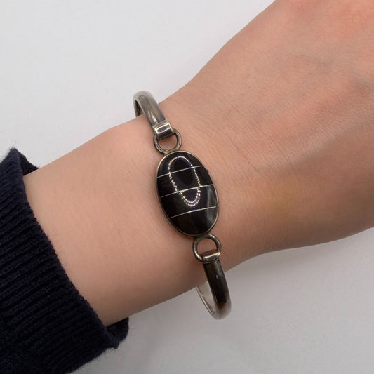 925 Sterling Silver Onyx Inlay Hook & Eye Bracelet Made In Mexico