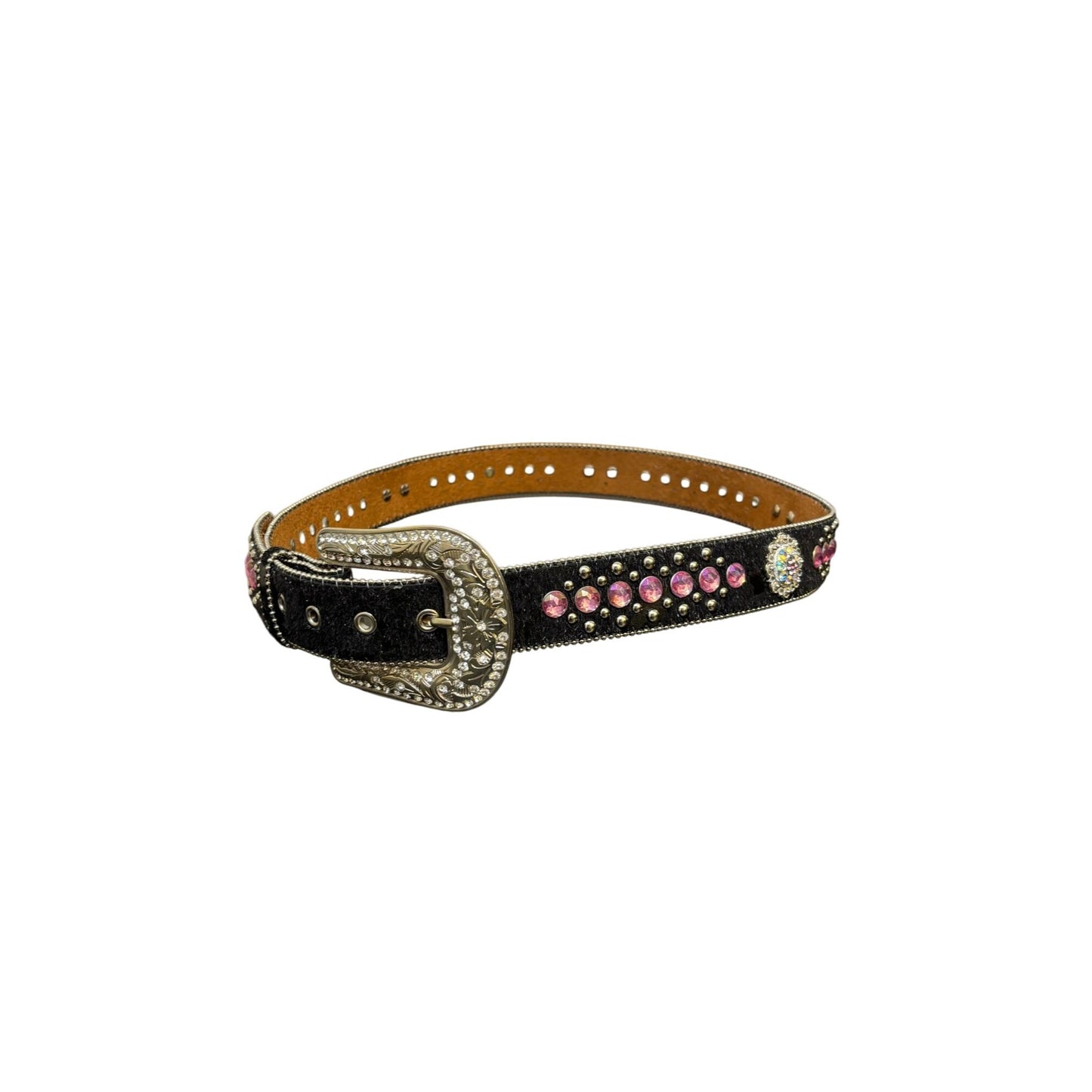 Blazin Roxx Rhinestone Black Belt With Pink Western Buckle Leather Material Size L