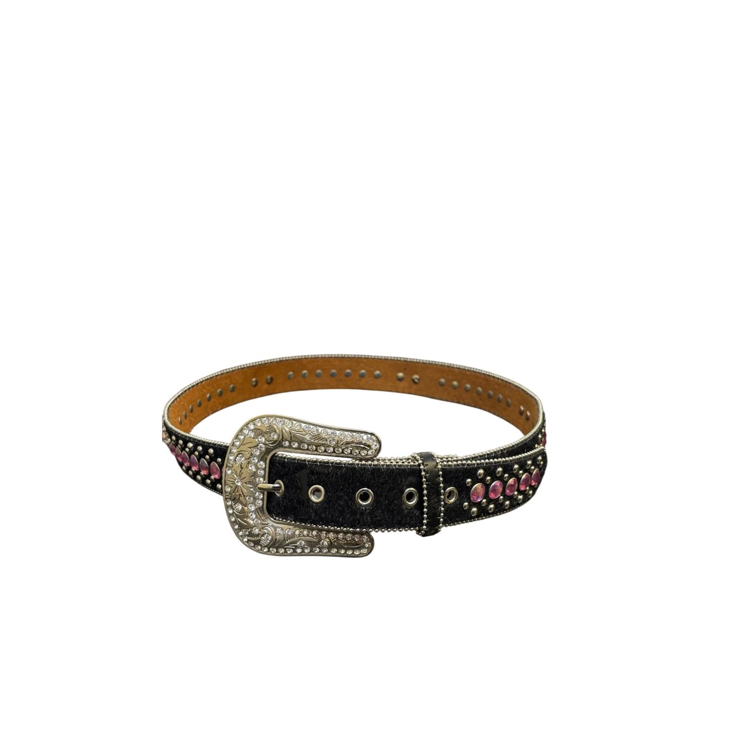 Blazin Roxx Rhinestone Black Belt With Pink Western Buckle Leather Material Size L