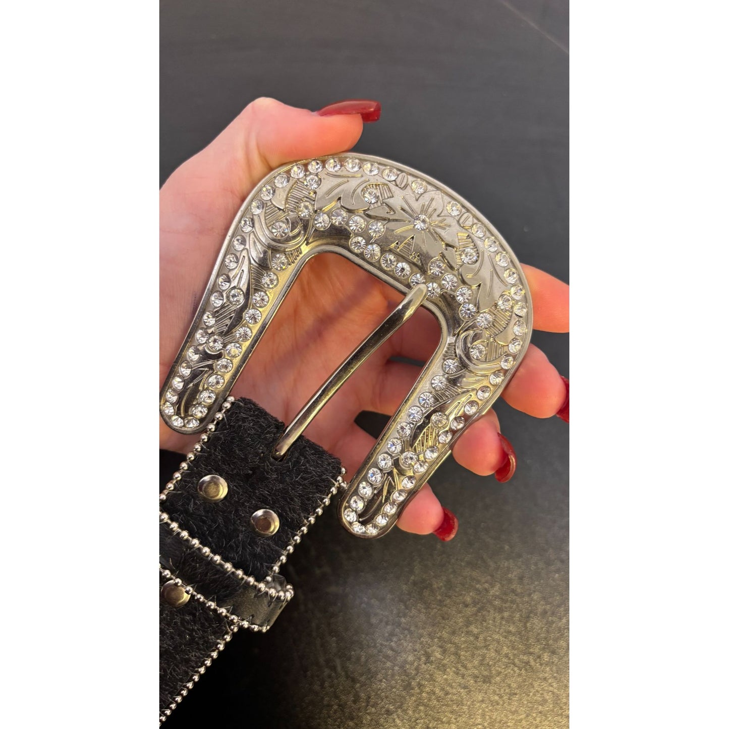 Blazin Roxx Rhinestone Black Belt With Pink Western Buckle Leather Material Size L