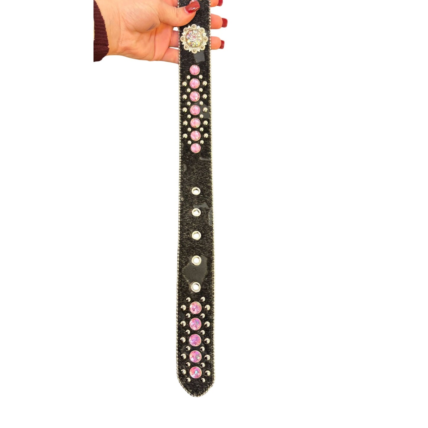 Blazin Roxx Rhinestone Black Belt With Pink Western Buckle Leather Material Size L