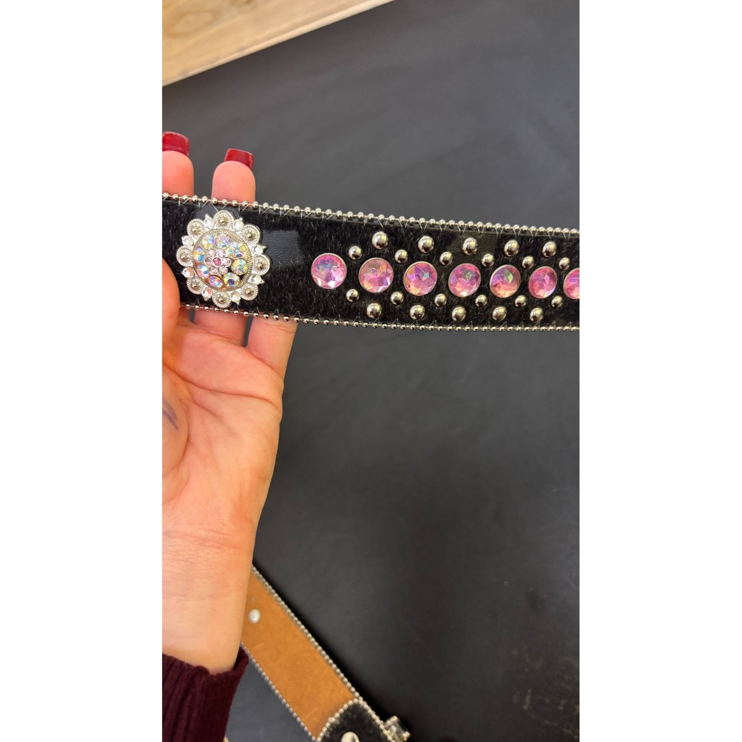 Blazin Roxx Rhinestone Black Belt With Pink Western Buckle Leather Material Size L
