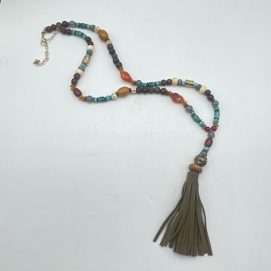 Bohemian Multicolor Beaded Necklace With Tassel & Gold Accents