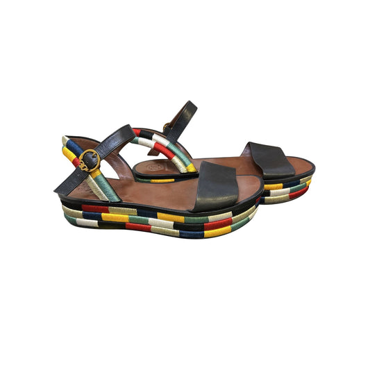 Tory Burch Multi-Color Woven Platform Sandals w/Black Leather Straps Size 10.5M