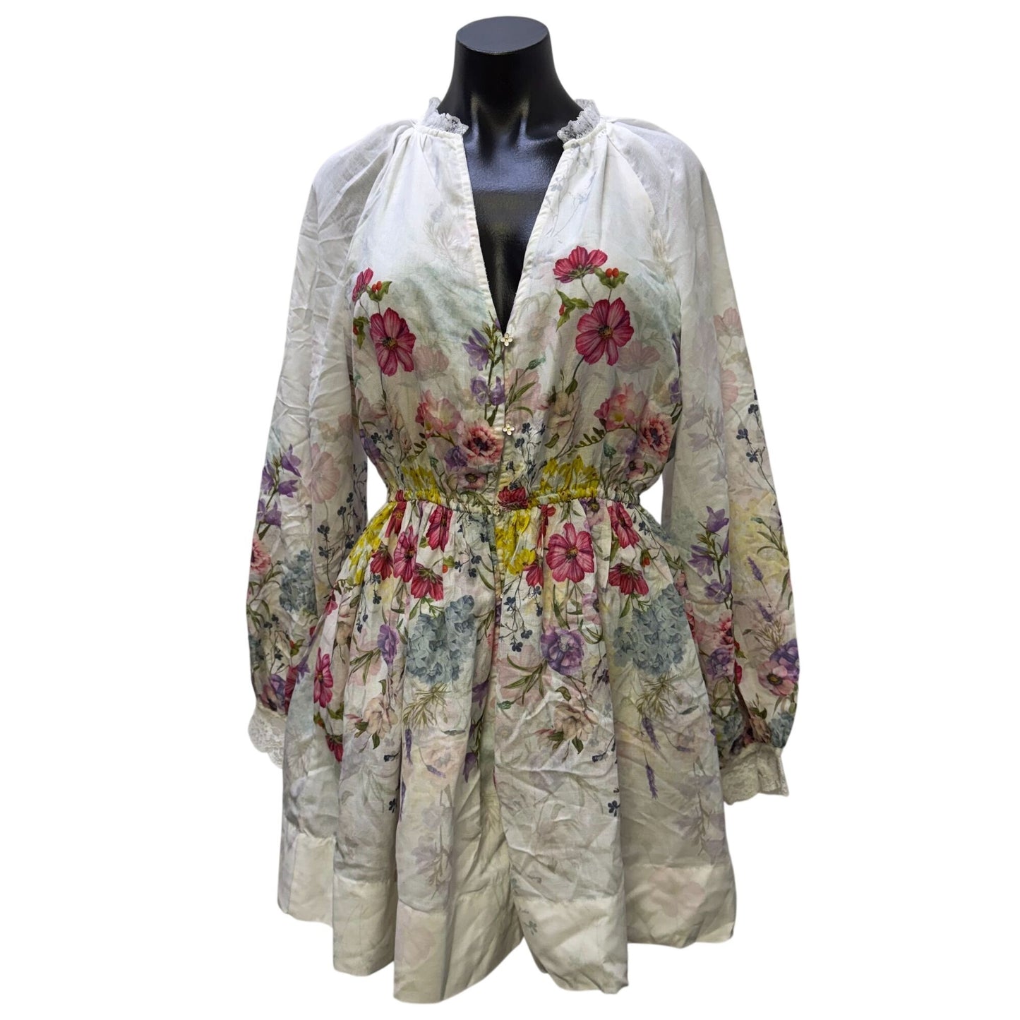 Letmebe Floral Print Dress White Multi Long Sleeves Size M