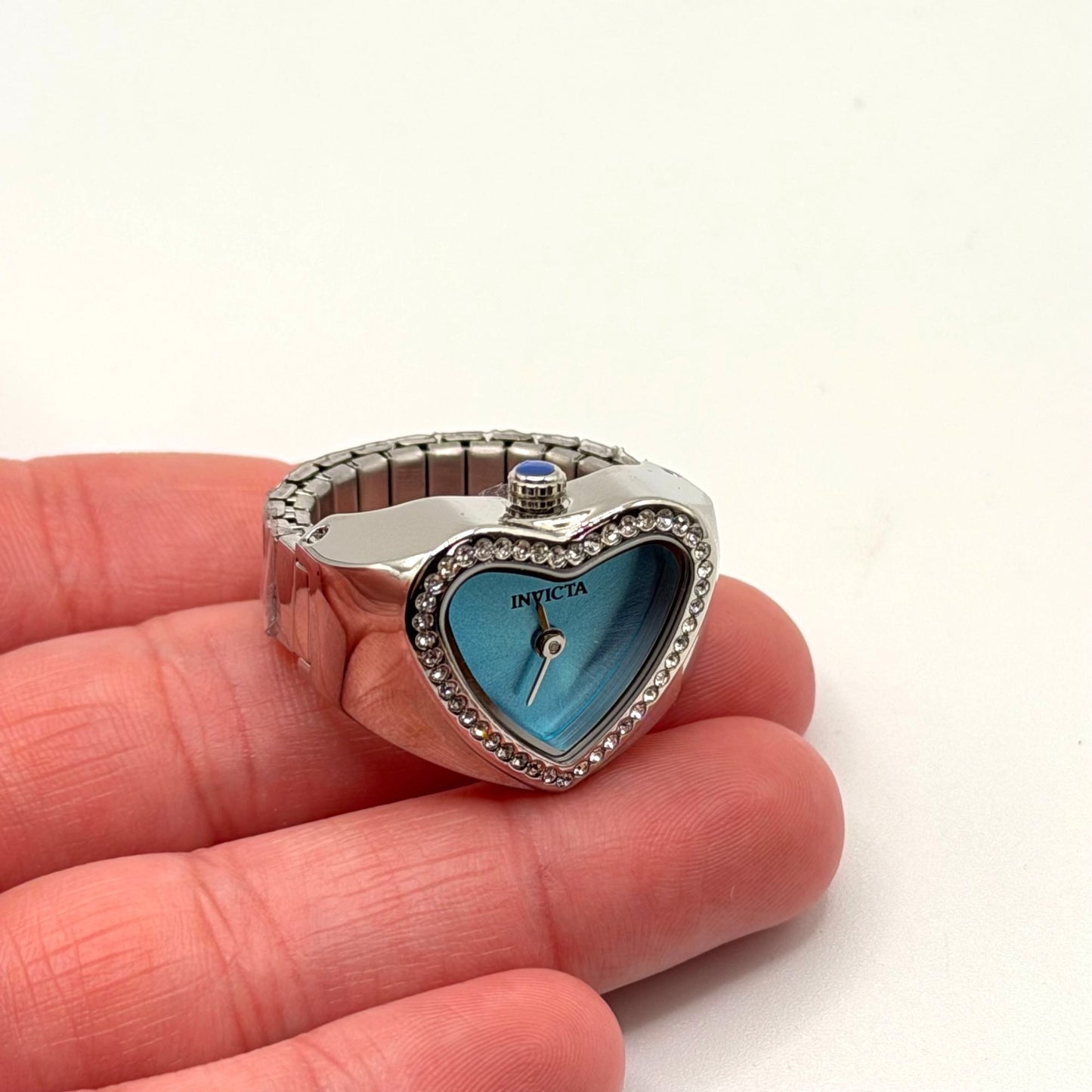 Invicta Angel Heart-Shaped Ring Watch With Blue Dial & Crystal Accents