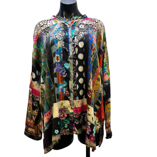 Johnny Was Silk Embroidered Blouse Multicolor Button-Down XL