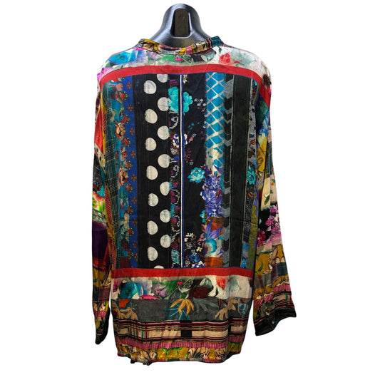 Johnny Was Silk Embroidered Blouse Multicolor Button-Down XL