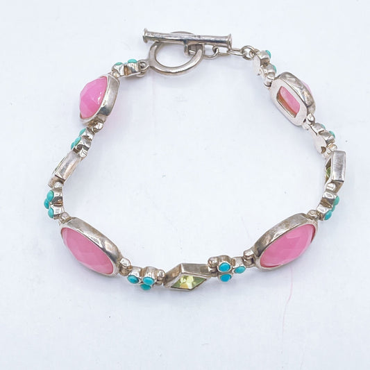 Sterling Silver Toggle Bracelet With Pink Green & Turquoise Gemstone Accents