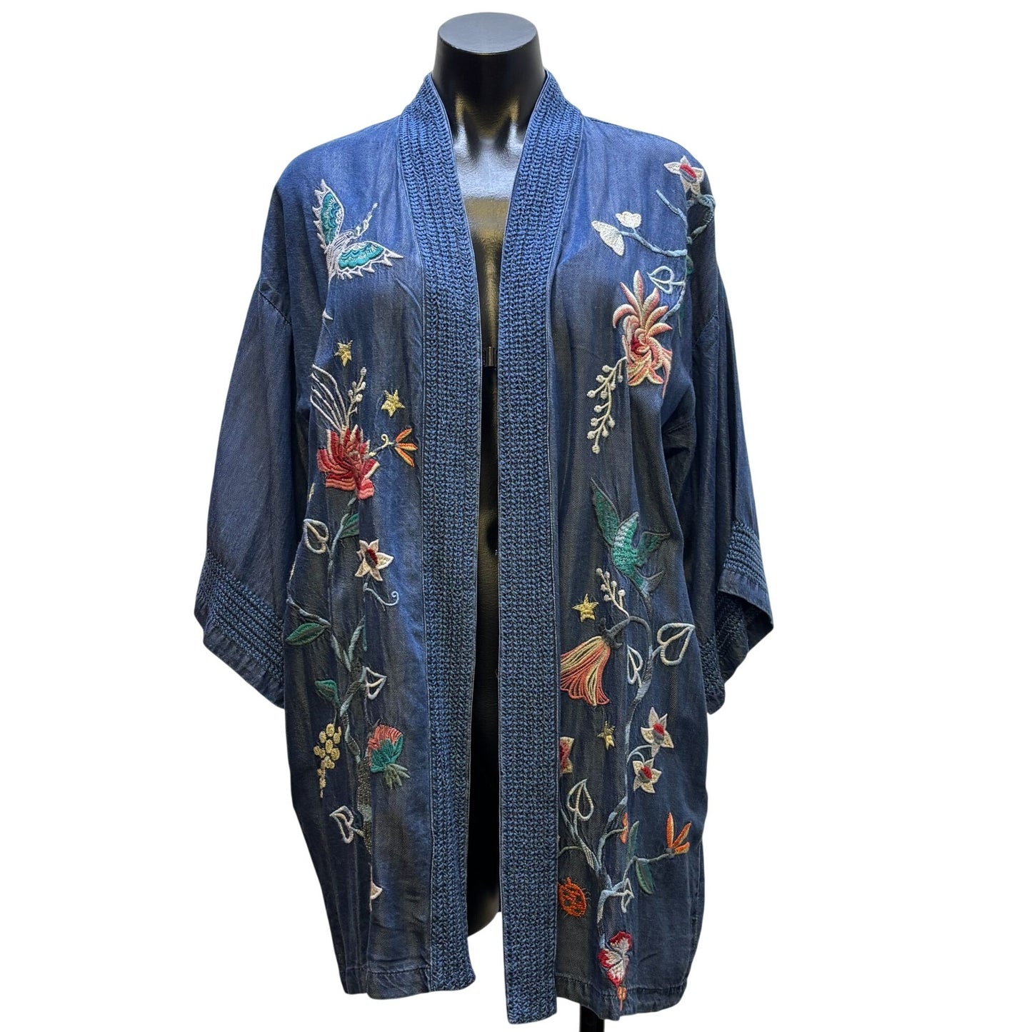NWT Johnny Was Embroidered Denim-Style Open Cardigan M/L Blue Floral